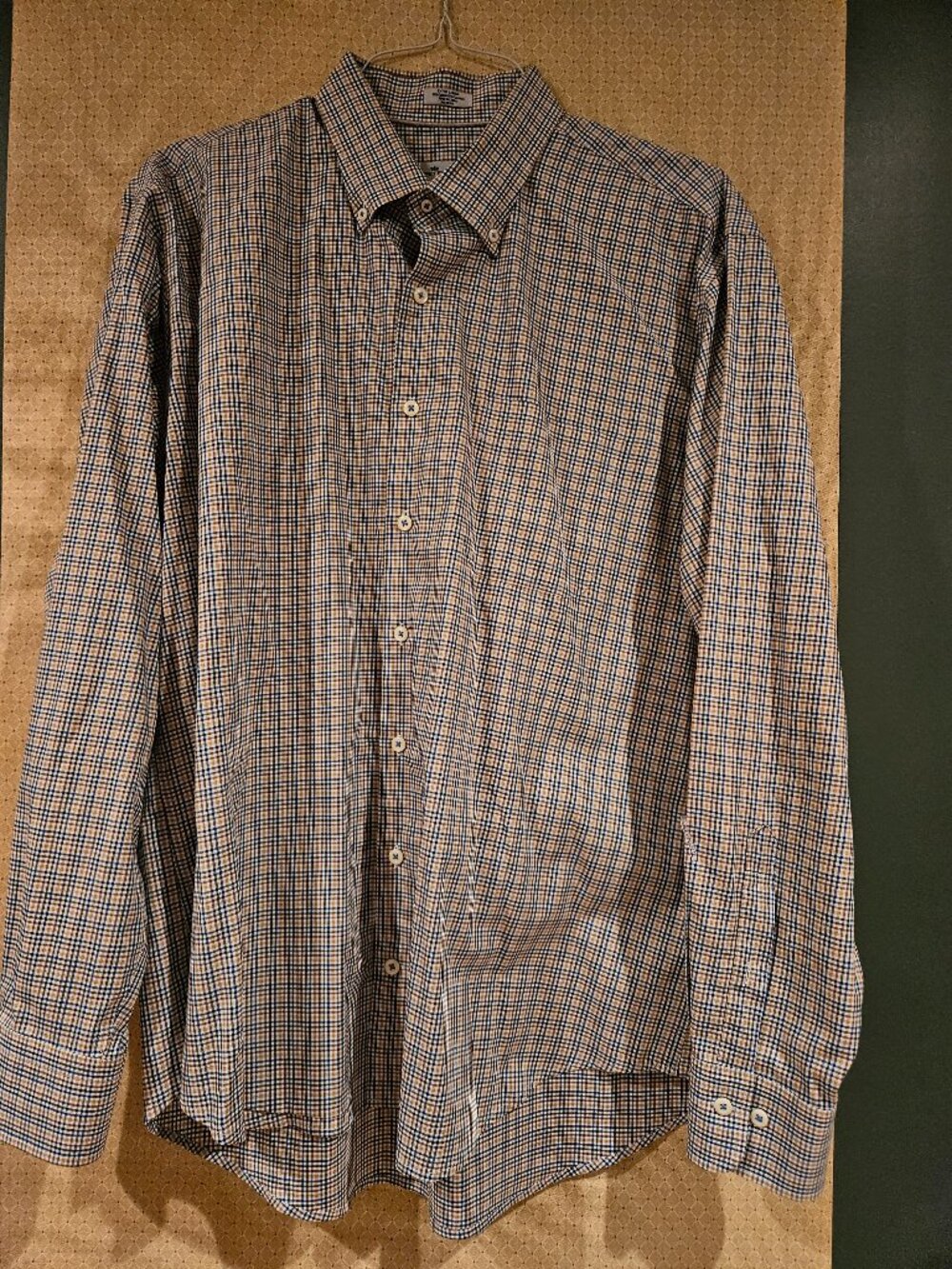 Peter Millar Button-Down Shirt - XL Tan/Navy/Brown Check